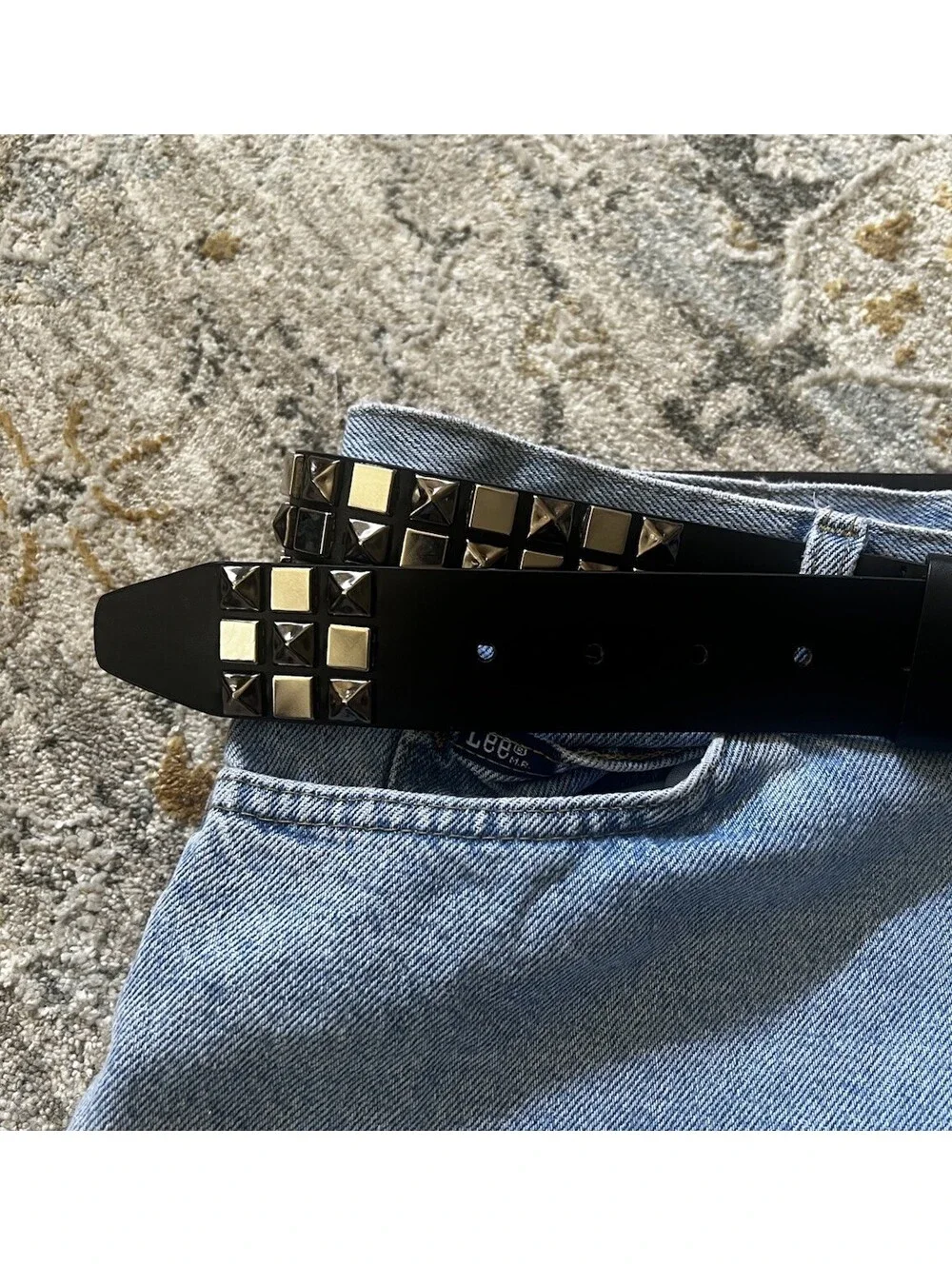 Punk Rock Black Leather Studded Belt | Gunmetal Square Pyramid Studs L/XL